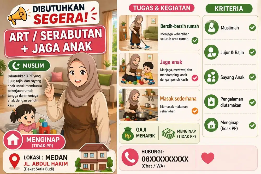 Dibutuhkan art serabutan rangkap jaga anak