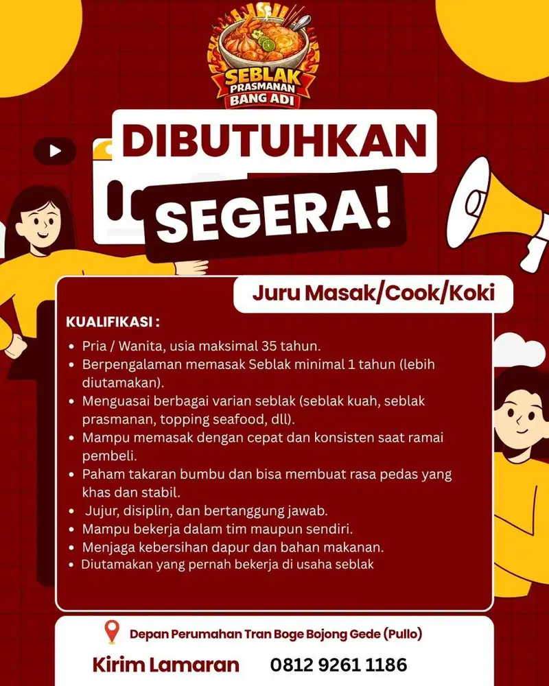 LOWONGAN KERJA JURU MASAK/KOKI