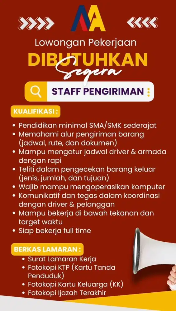 Lowongan staff pengiriman, marketing, gudang dan supir
