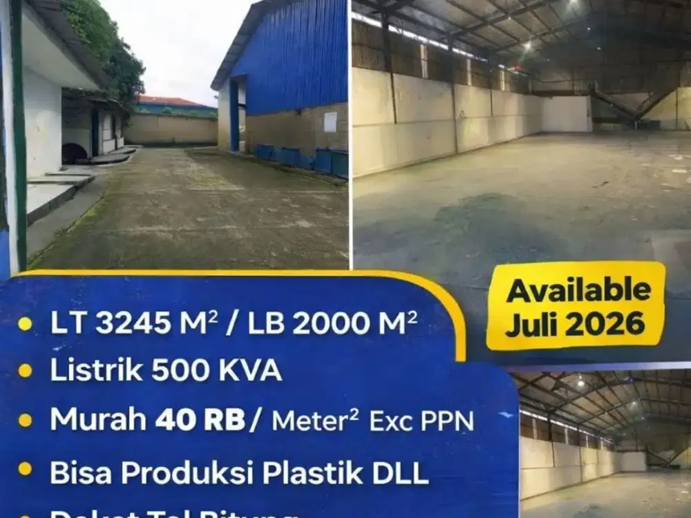 DISEWAKAN GUDANG PABRIK 2000M2 TERMURAH DI KAWASAN INDUSTRI JATAKE