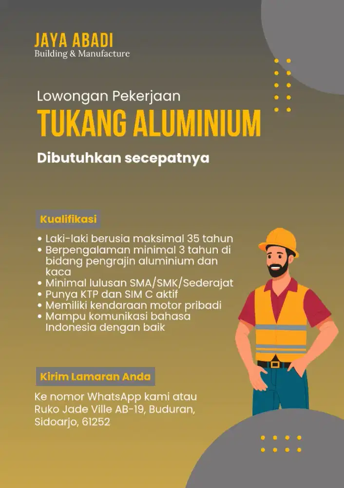 DIBUTUHKAN SEGERA TUKANG ALUMINIUM
