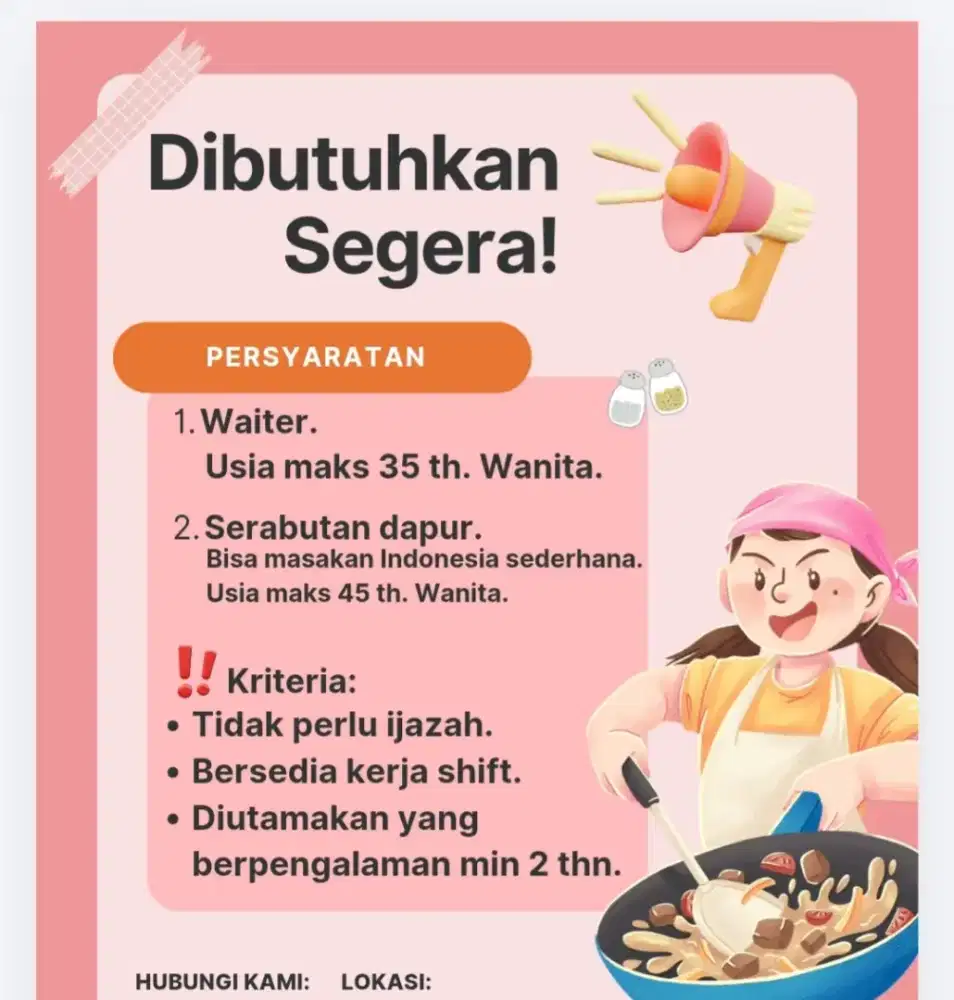 KHUSUS PEREMPUAN WAITER DAN SERABUTAN DAPUR (POSTING ULANG)