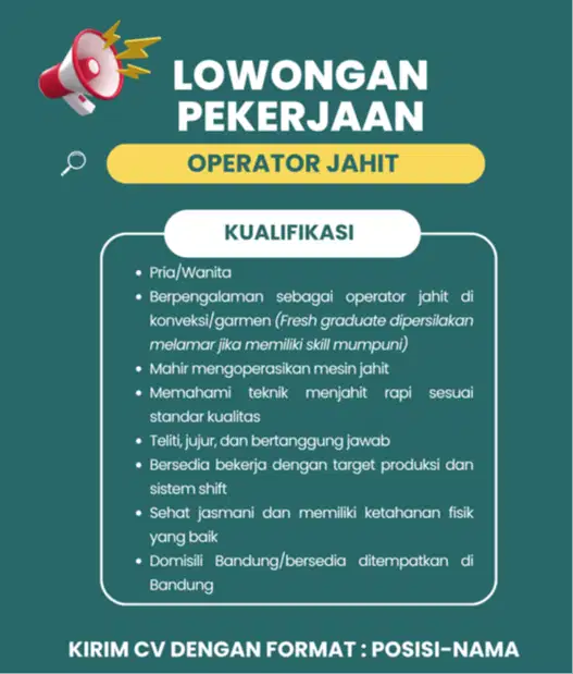 DIBUTUHKAN SEGERA OPERATOR JAHIT & DESIGN GRAFIS