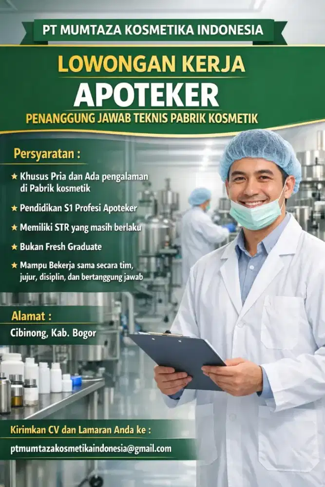 LOKER APOTEKER PJT PABRIK KOSMETIK
