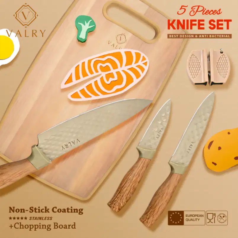 PISAU SET 5PCS VALRY Anti Lengket Diamond Marble Tajam Free Talenan