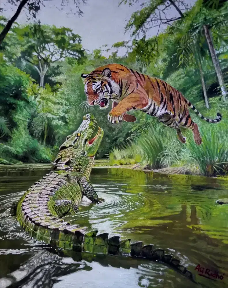 Lukisan Harimau Tarung Dengan Buaya