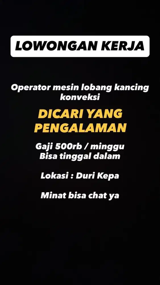 DICARI OPERATOR MESIN LOBANG KANCING KONVEKSI