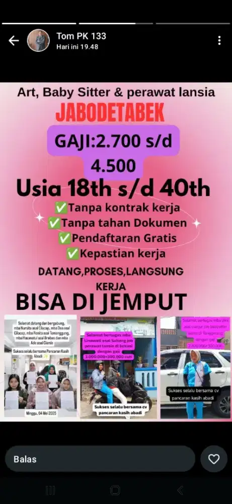 Lowongan pekerjaan ART,BABY SITTER,PERAWAT LANSIA