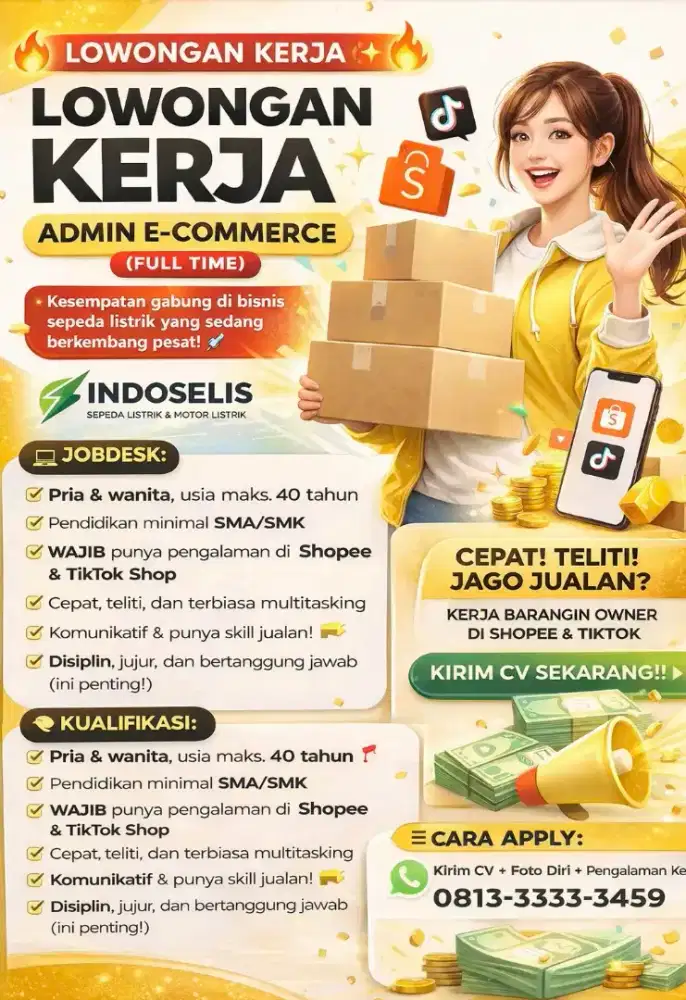 Lowongan kerja admin e-commerce Surabaya Gaji Pokok Bonus menarik