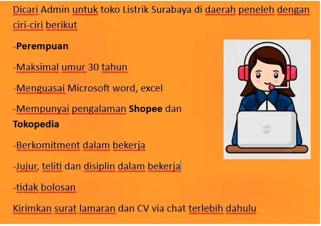 Dibutuhkan 1 admin untuk toko listrik di daerah peneleh, Surabaya