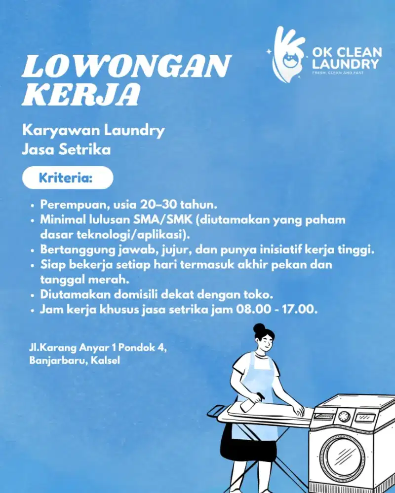 Lowongan kerja Jasa setrika OK Clean Laundry