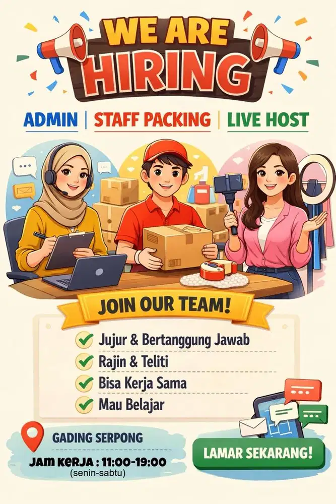 Mencari Admin , packing , live host