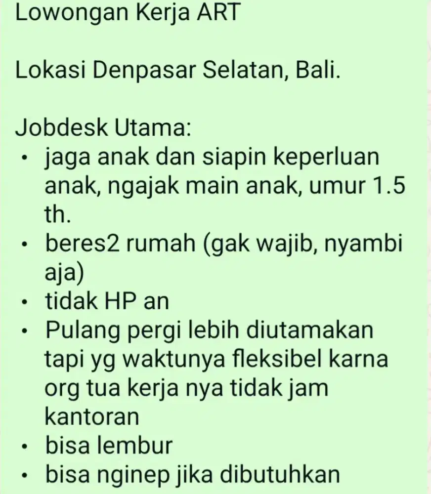 Loker ART Pulang Pergi Denpasar Selatan