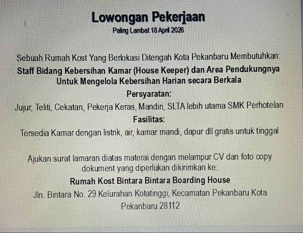 Lowongan pekerjaan sebagai House Keeper