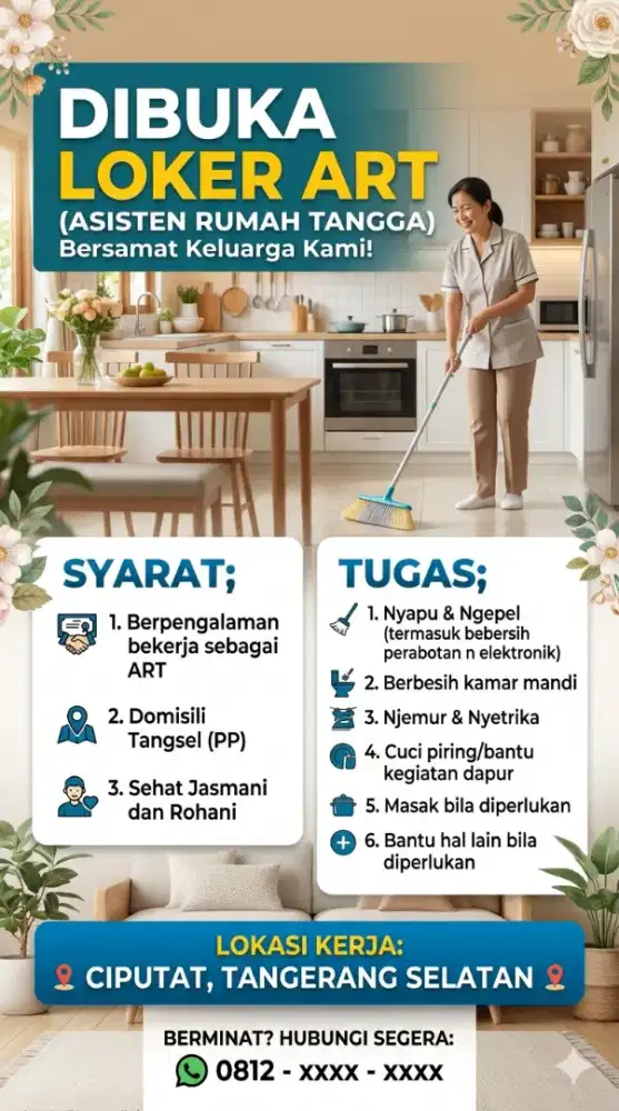 Lowongan Kerja ART/Asisten Rumah Tangga