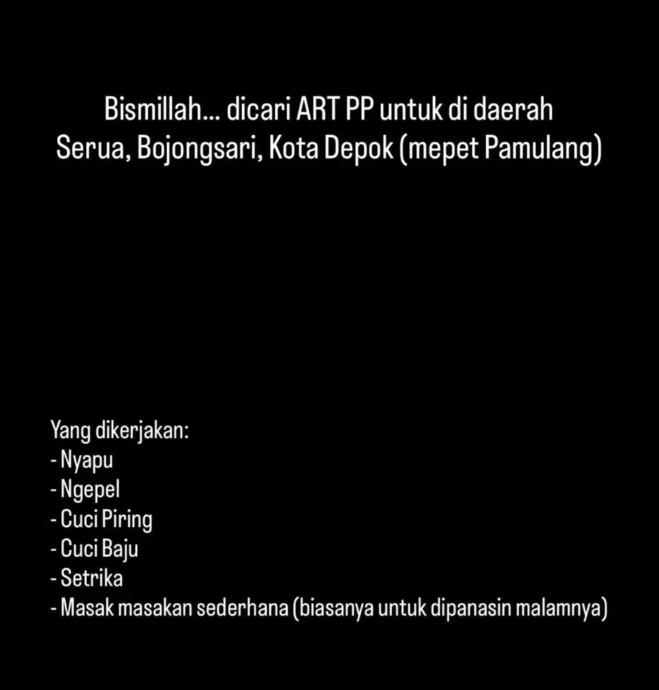 Lowongan ART PP Serua, Bojongsari