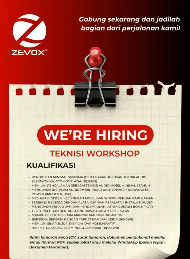 Dicari teknisi audio mobil berpengalaman