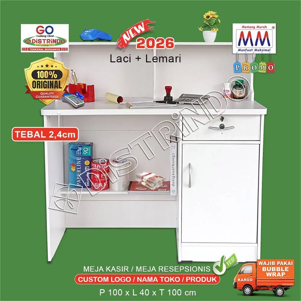 Distrindo - Meja Kasir 100cm Bisa Custom NAMA TOKO ada LACI Pakai KUNC