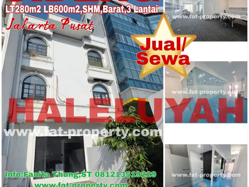 MURAH!Dijual/disewakan mini building di Cideng,JakPus LT280m2 LB600m2,Barat,SHM,3LT