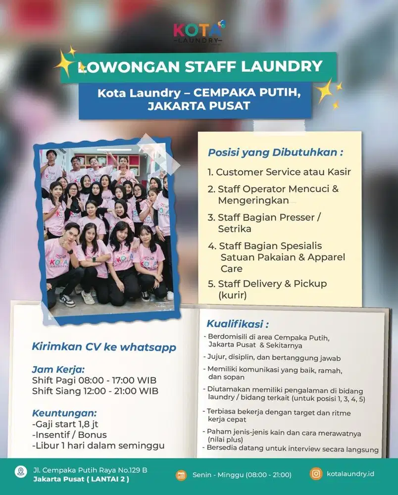 LOWONGAN KERJA STAFF LAUNDRY – CEMPAKA PUTIH JAKARTA PUSAT