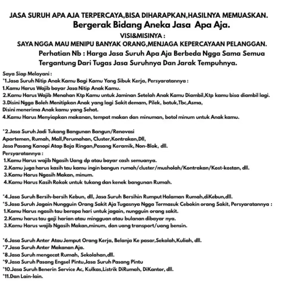 JASA SURUH APA AJA TERPERCAYA,HASIL MEMUASKAN,BSA DIPANGGIL