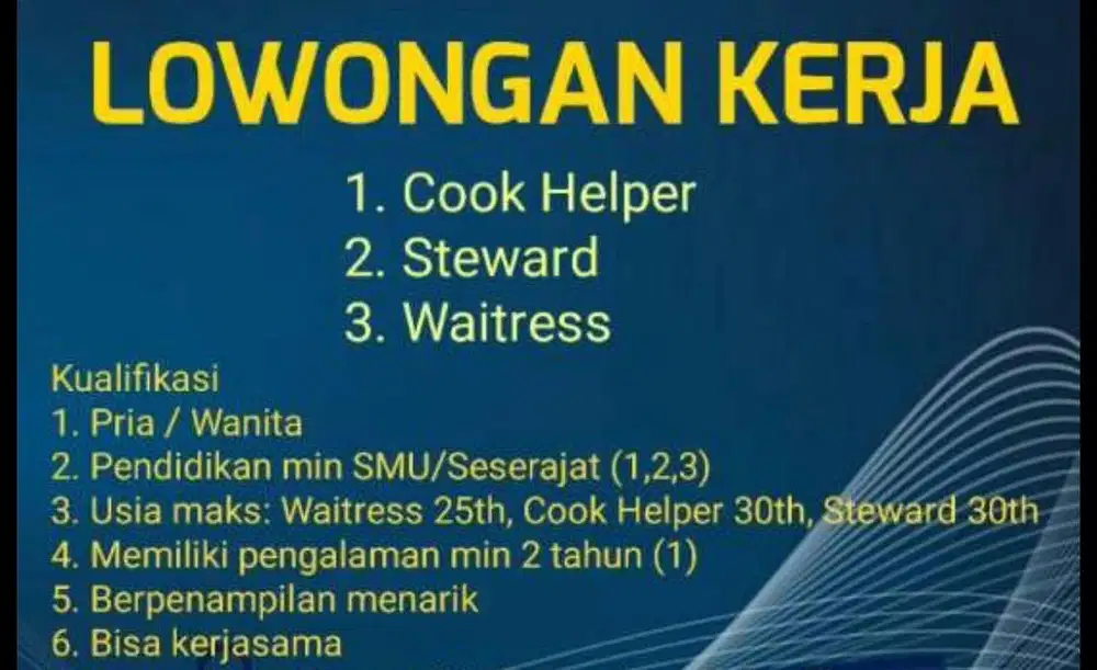 Dibuka lowongan Staff Waiter / Koki