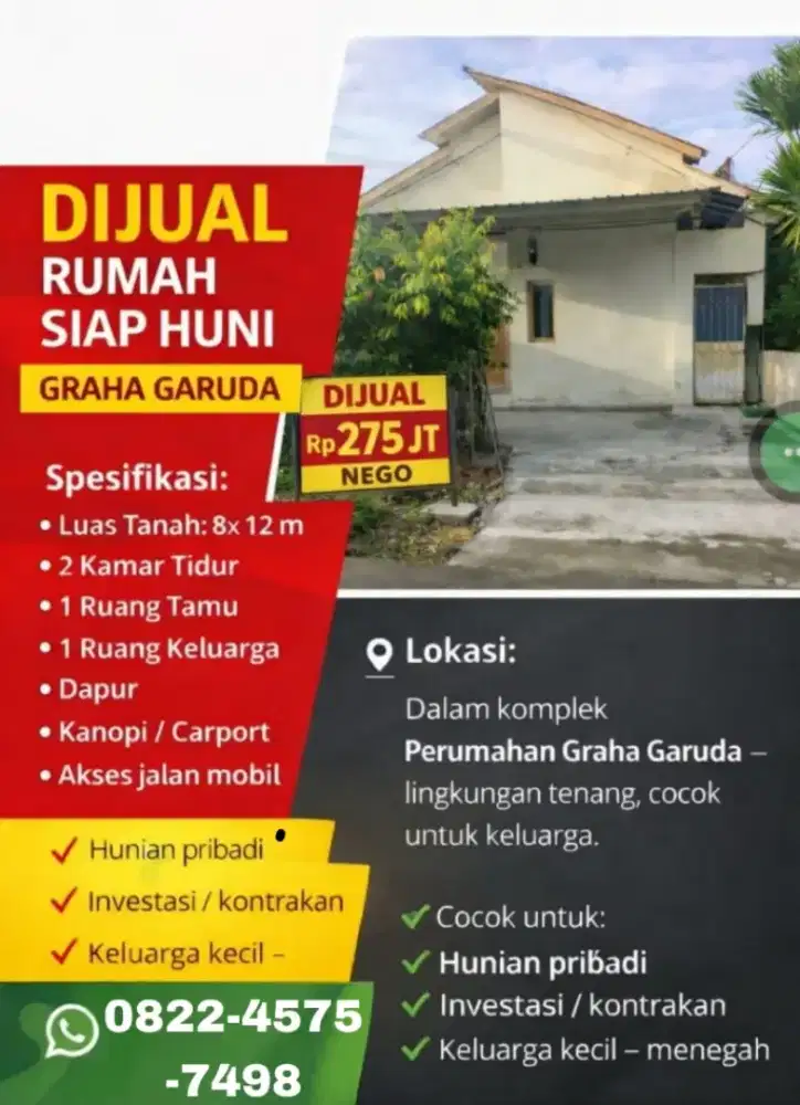 Dijual Rumah di Jalan Garuda. dekat bandara, kantor pemerintahan