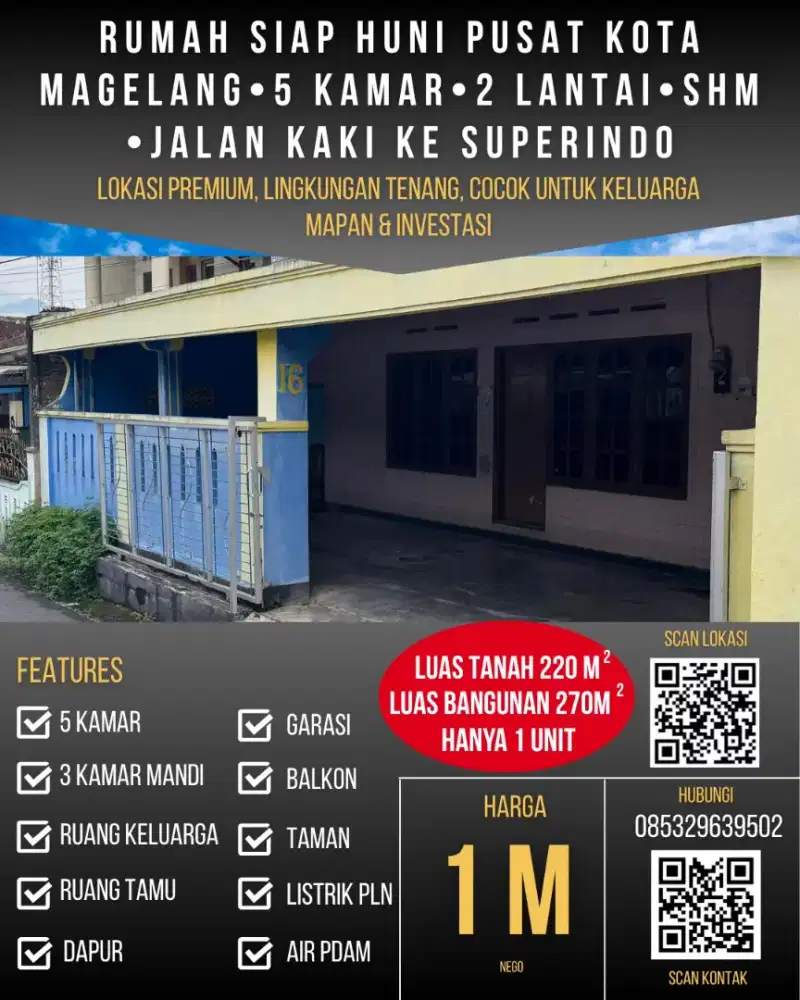 Rumah 2 lantai, pusat kota Magelang, SHM, Dekat Superindo,