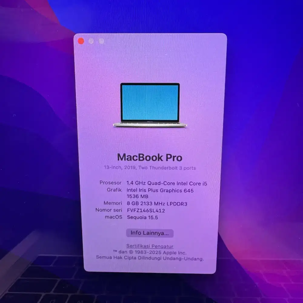 Macbook Pro 2019 Core I5 layar 13 Inch Ram 8 Ssd 256 Silver