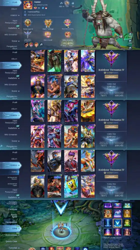 JUAL AKUN ML SKIN 224 TERNAMA IV EMBLEM MAX