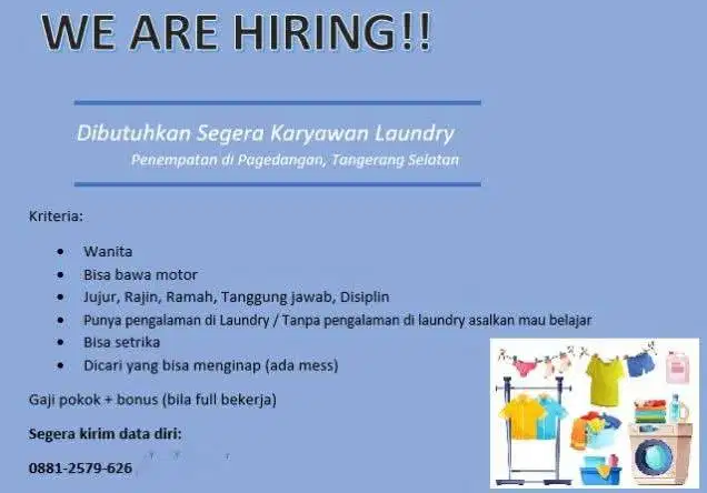 LOWONGAN KERJA LAUNDRY DI TANGERANG - BUTUH CEPAT
