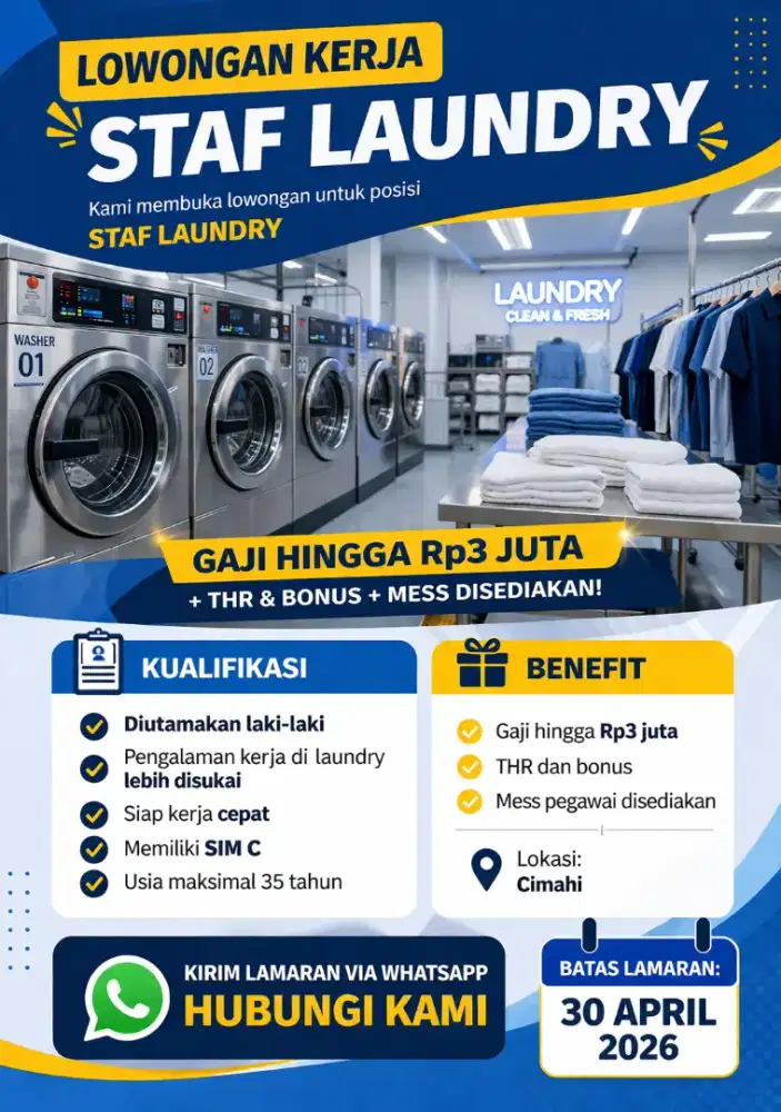 Dicari Cepat! Staf Laundry – Cimahi (Mess + Kebutuhan Disediakan)