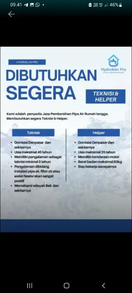 Kesempatan Buat Teknisi & Helper