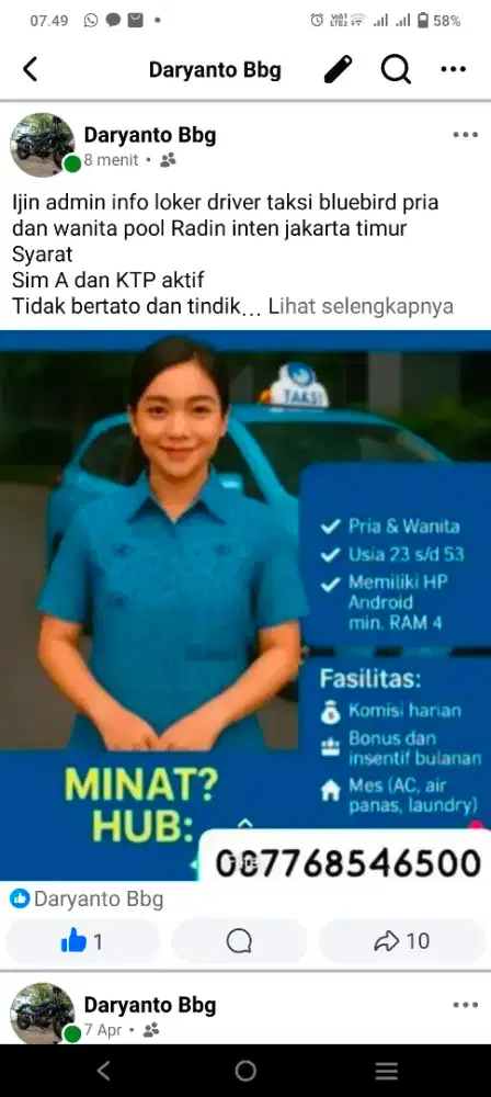 Loker driver taksi Bluebird