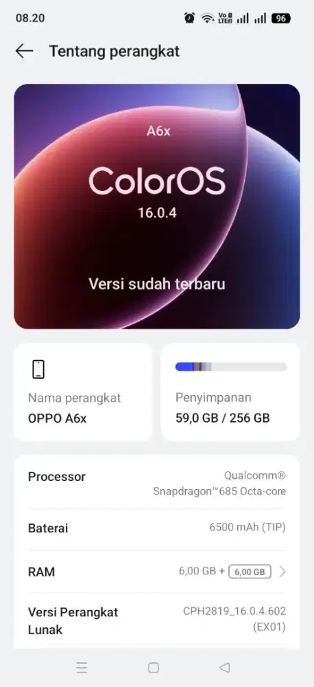 Oppo A6x Ram 6+6/256 ungu