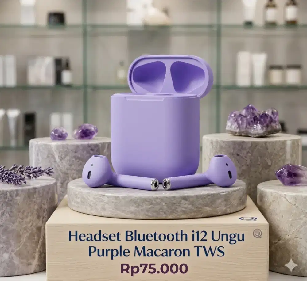 Headset Bluetooth i12 Ungu Purple TWS