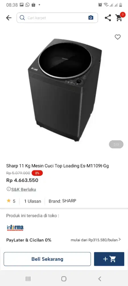 Sharp mesin cuci toploading 11kg