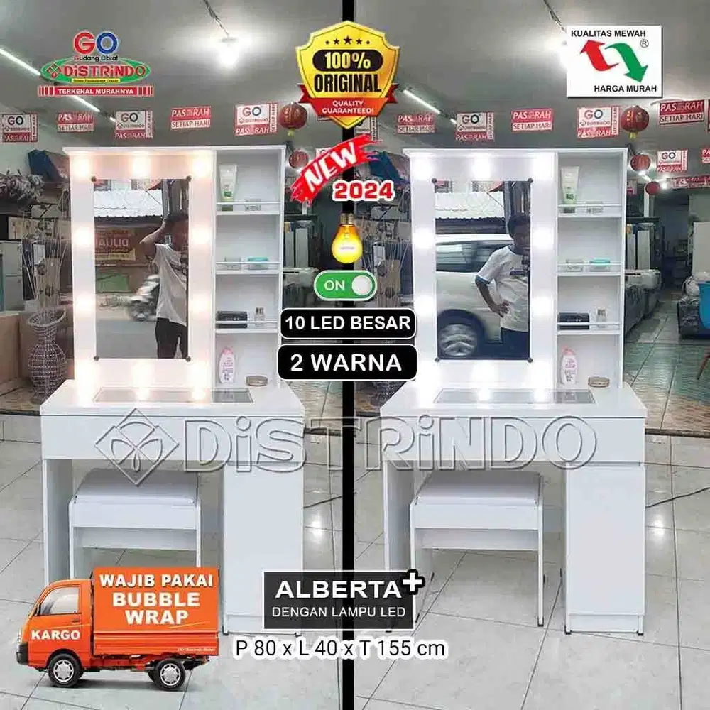 DISTRINDO Meja Rias Putih + LAMPU Minimalis dengan Kursi Tempat Duduk