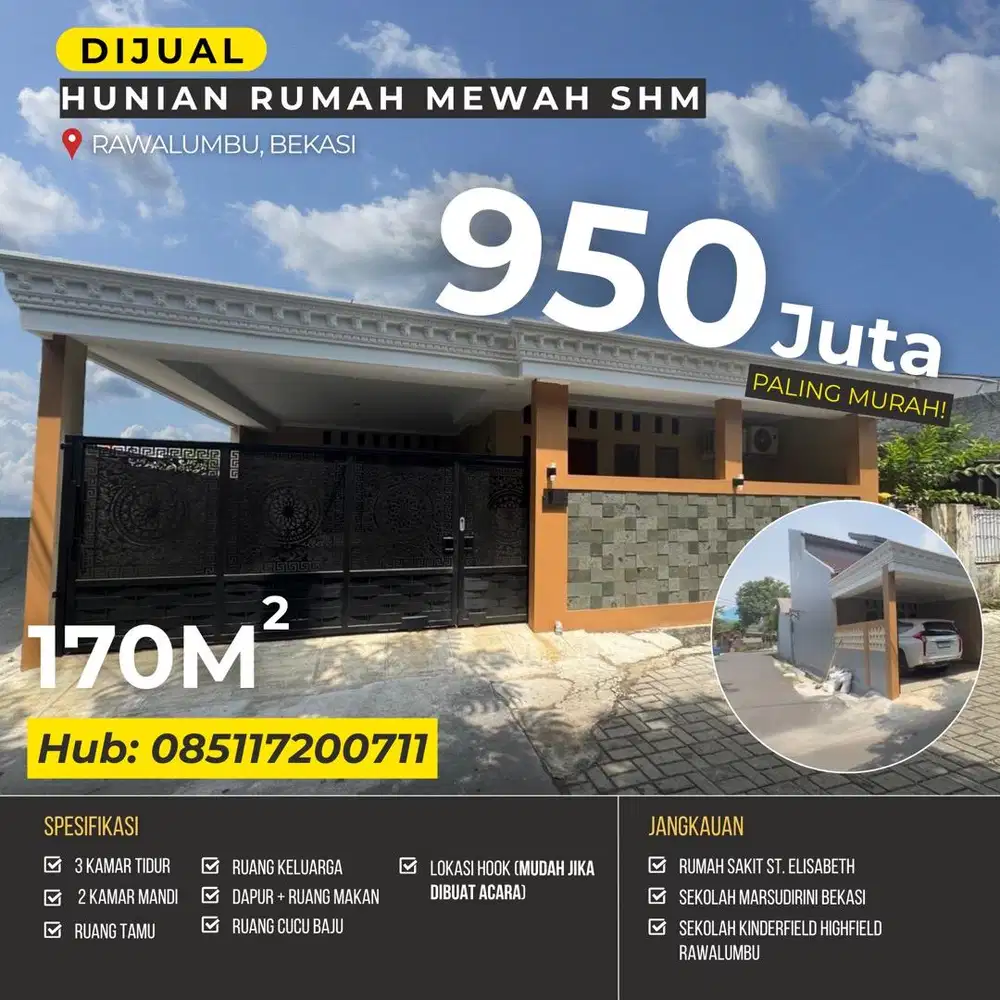 DISKON Rumah Hook SHM Rawalumbu Bekasi — 170m², 3 KT