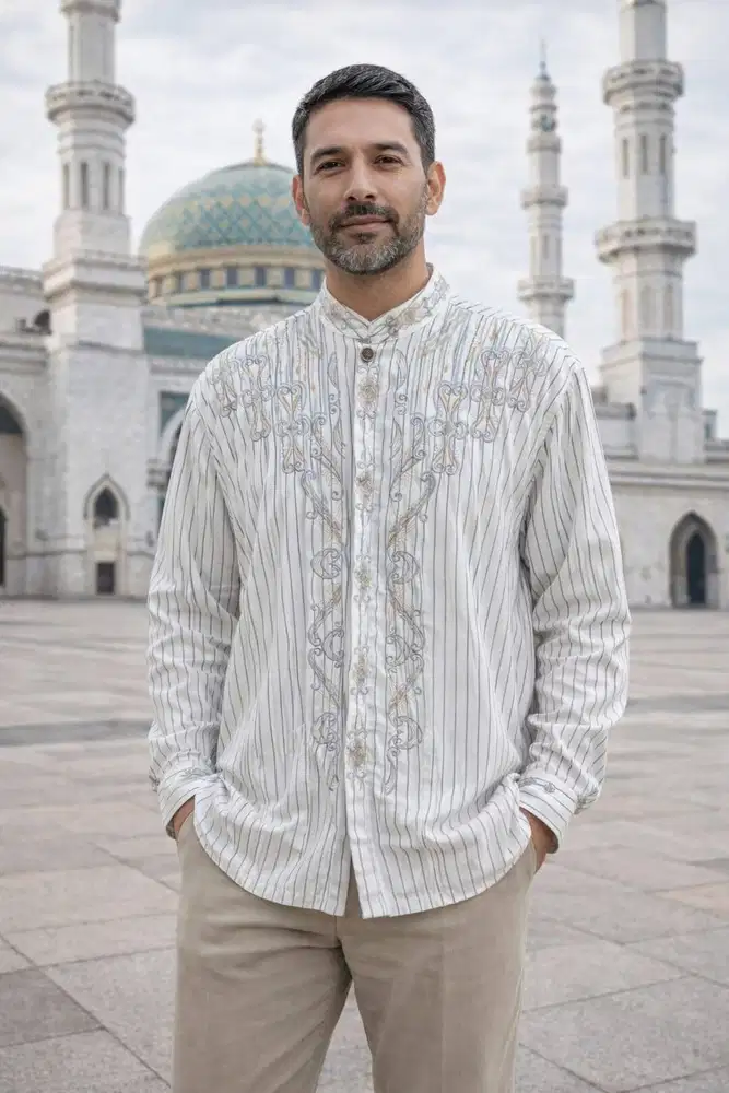 Kemeja Koko Pria Muslim Bahan Satin Licin Bordir Ukuran XL warna Putih