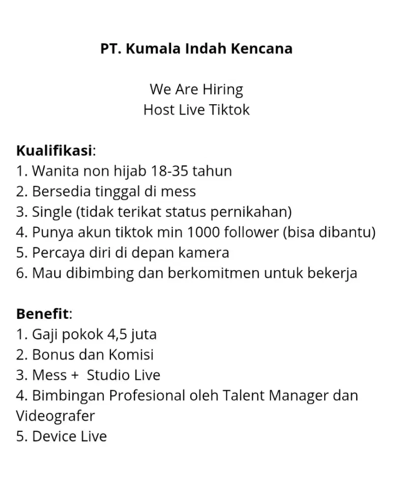 Host Live Tiktok (Urgent butuh cepat khusus wanita)