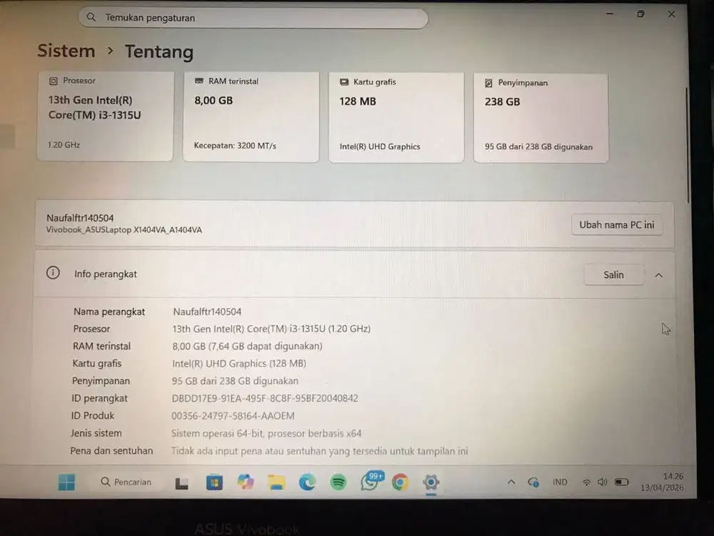 asus vivobook 14 a1404va i3