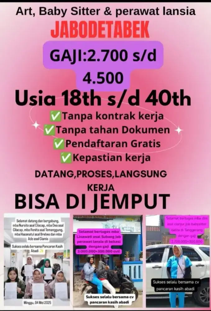 Lowongan pekerjaan ART,BABY SITTER,PERAWAT LANSIA