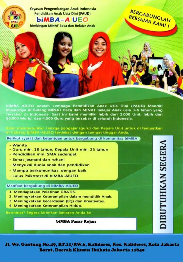 Dibutuhkan Segera Guru biMBA AIUEO Pasar Kojan Kalideres