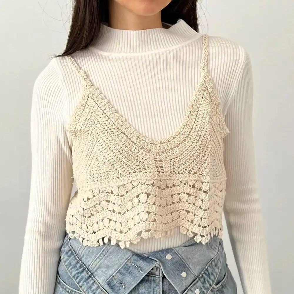 One Set - Long Sleeves Knit with Crochet Vest