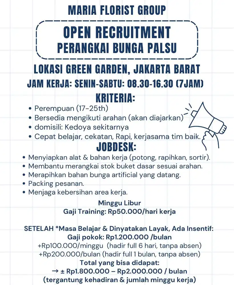 WANITA LOKER FLORIST PERANGKAI BUNGA PALSU