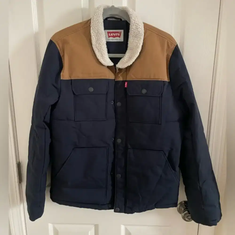 Levi’s Quilted Woodsman Puffer Jacket Navy Brown Size