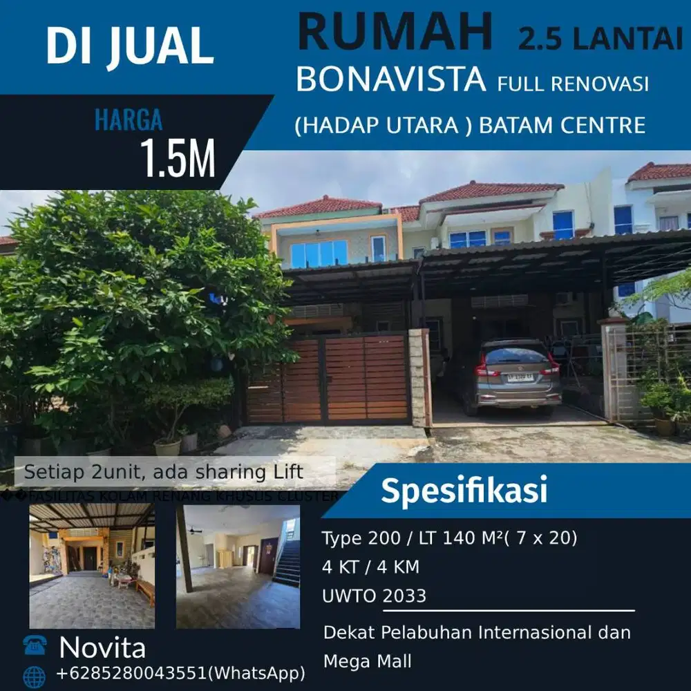Rumah 2.5 lantai Full Renovasi (Hadap utara ) Bonavista Batam Centre