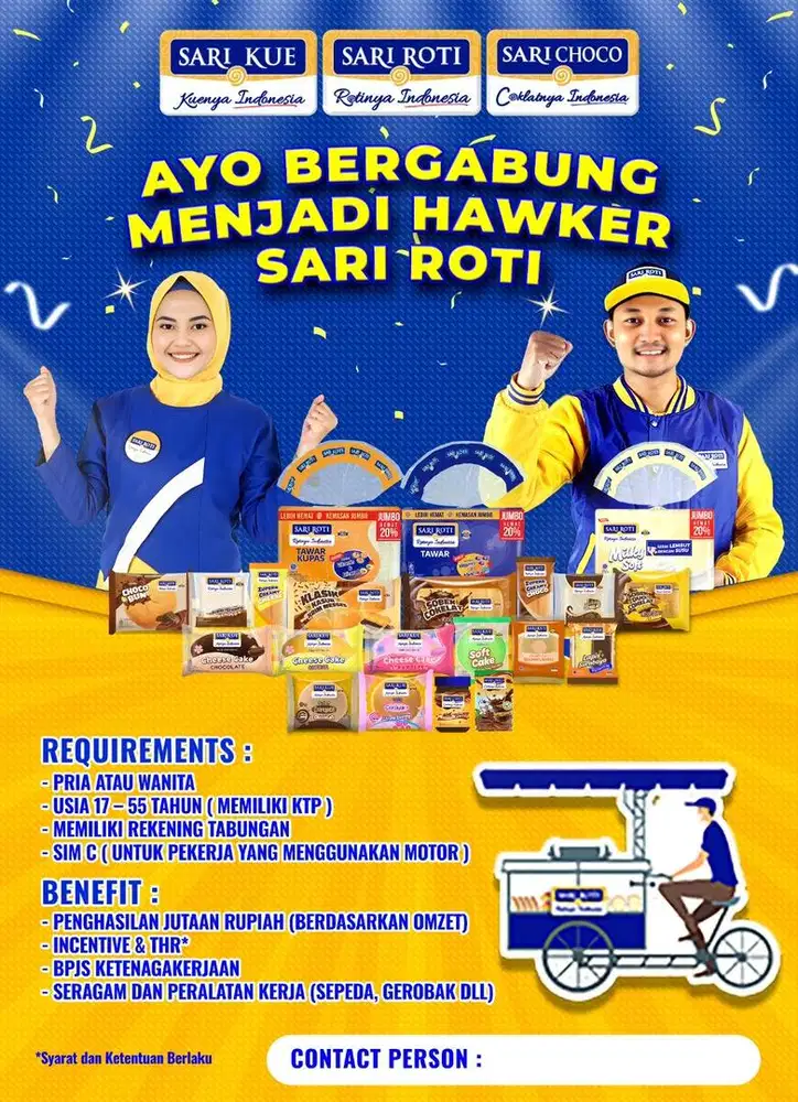 LOWONGAN KERJA HAWKER (PENJUAL ROTI KELILING) BRAND SARI ROTI
