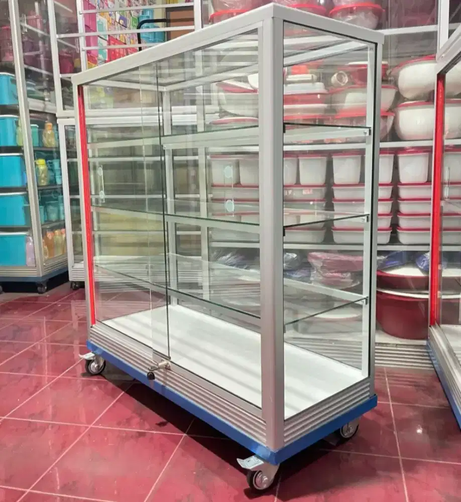 Etalase Panjang 1 Meter x 1 Meter Pake RODA BESAR & Kunci